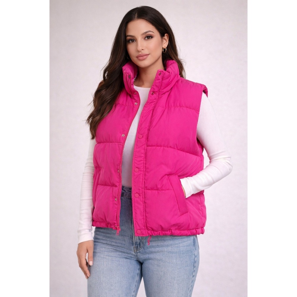 Wondershop Puffer Vest Women Small Hot Pink Excellent Quilted Zip Snap Mock Neck